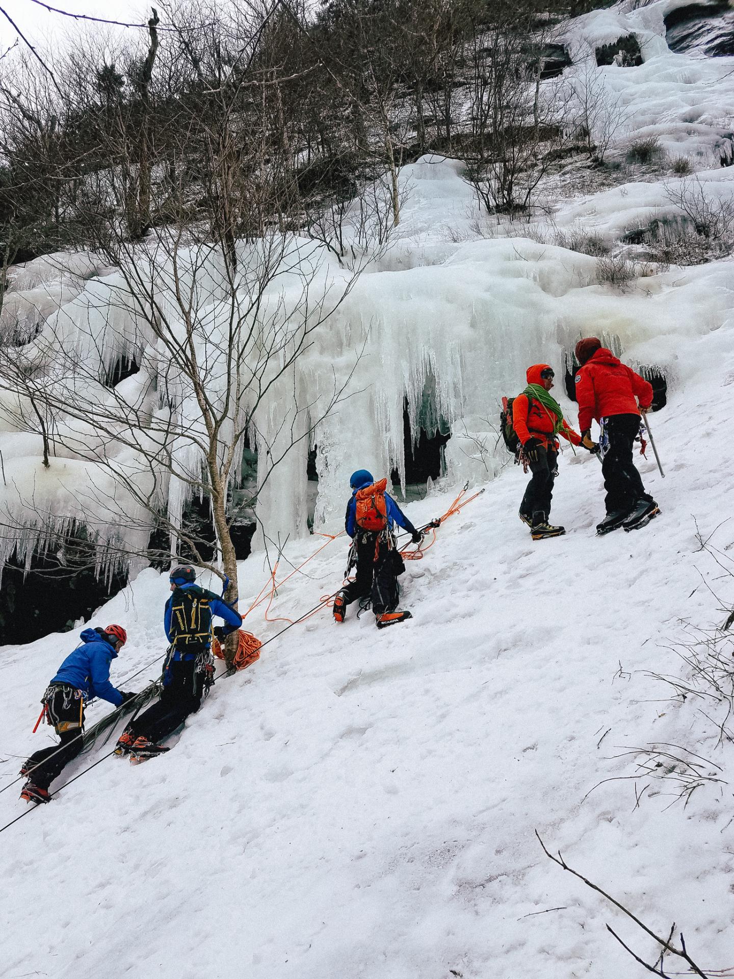 Climbers ascend a snowy hill, surrounded by ice formations and trees.