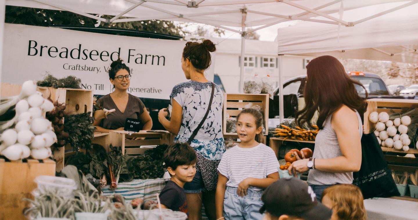 Market stall with people buying produce and a Breadseed Farm sign.