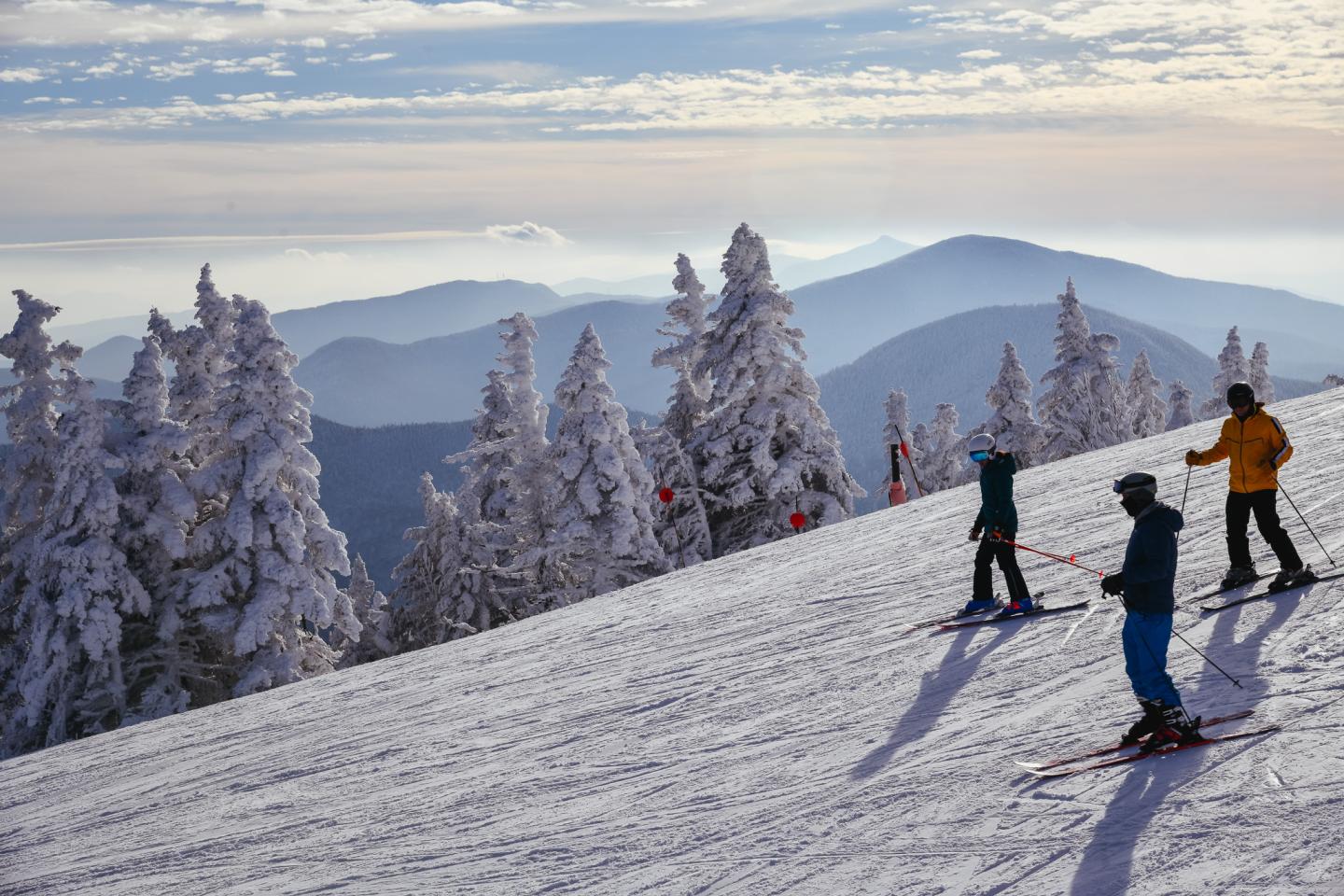 Skiers on a snowy slope with frosted trees and mountains in the background.
