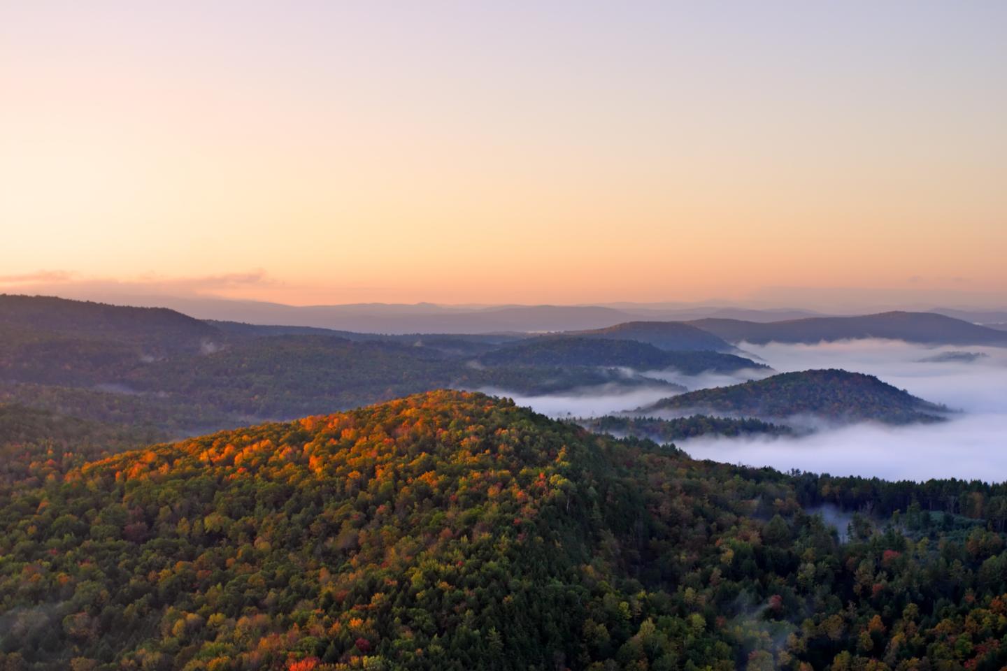 Sunrise over misty, forested hills with autumn foliage.