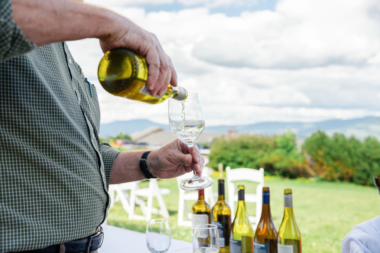 Pouring white wine into glasses outdoors on a sunny day.