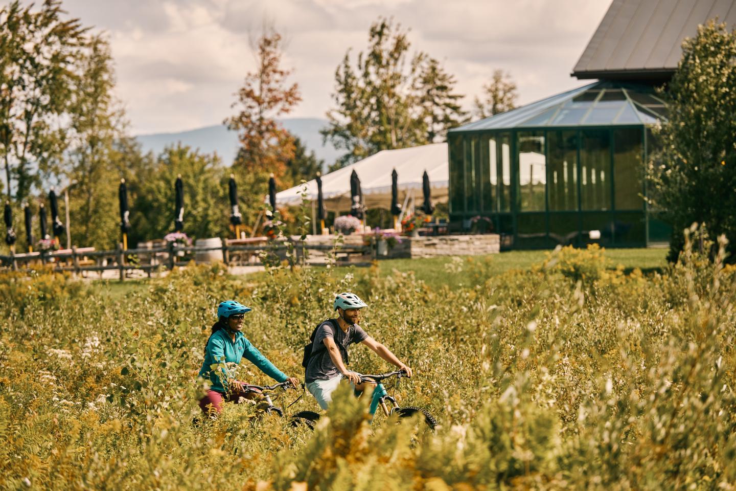 Cyclists ride through a grassy field near a modern glass building on a sunny day.