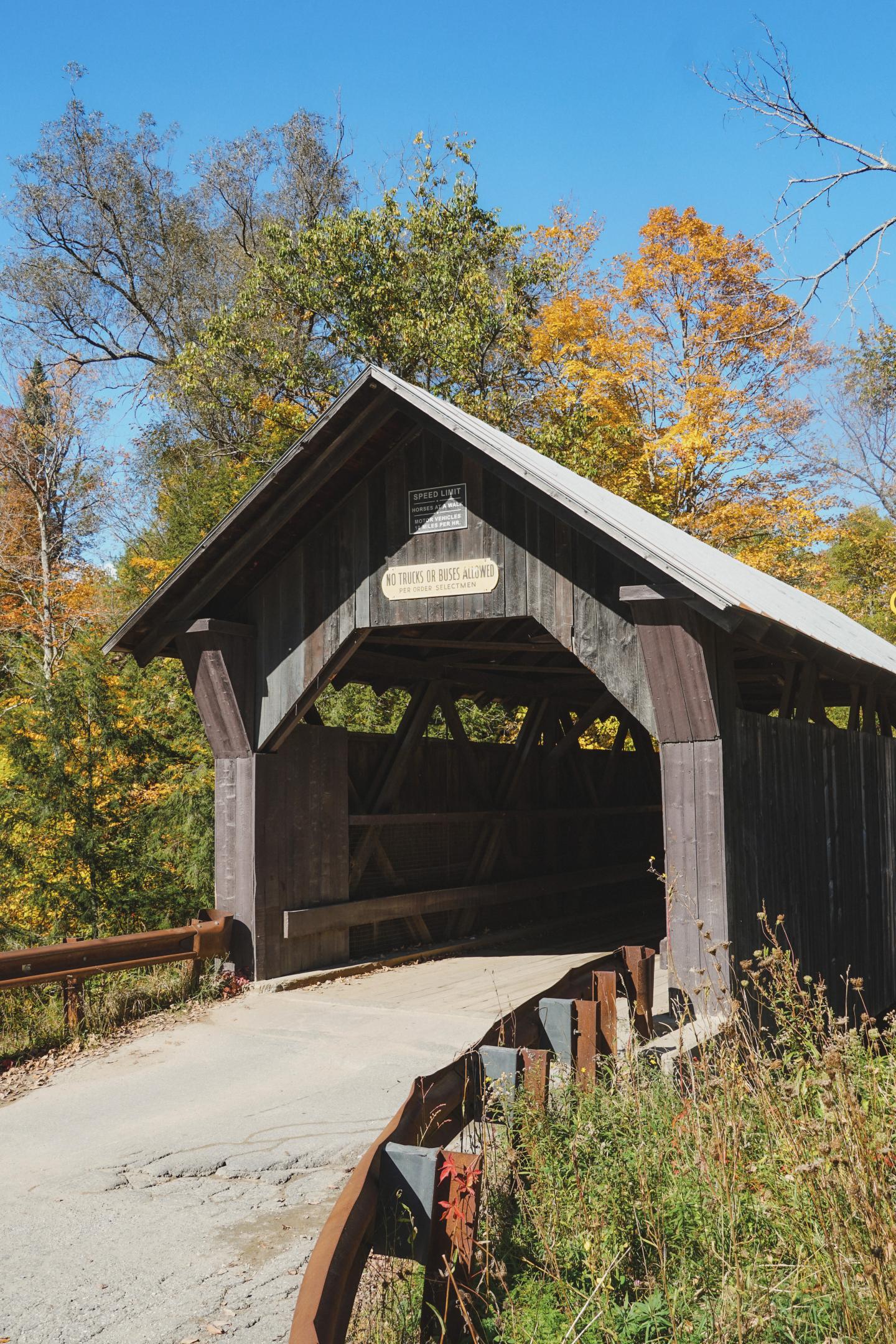 Wooden covered bridge surrounded by autumn trees under a blue sky.