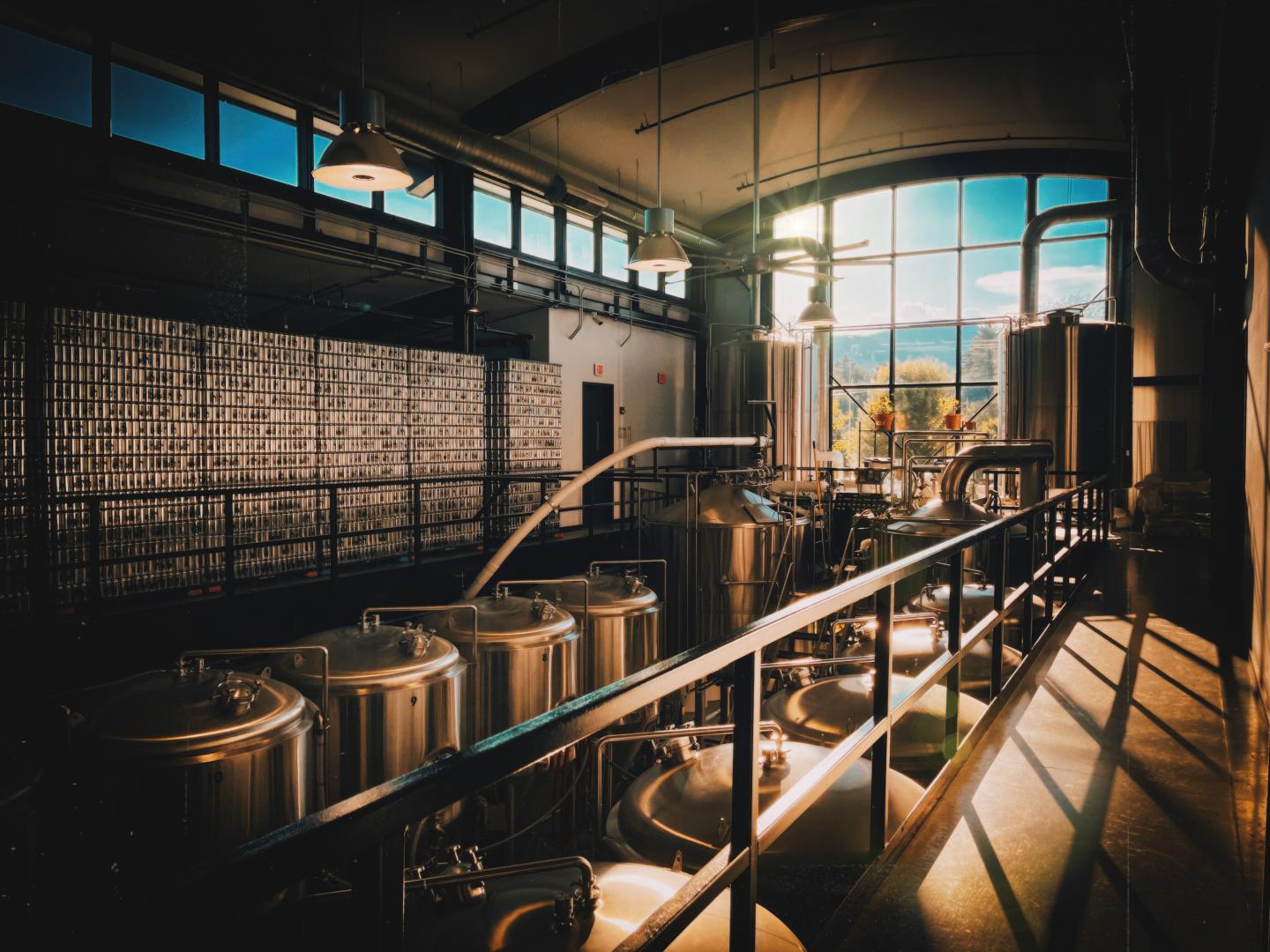 Brewery interior with stainless steel tanks and sunlight streaming through large windows.