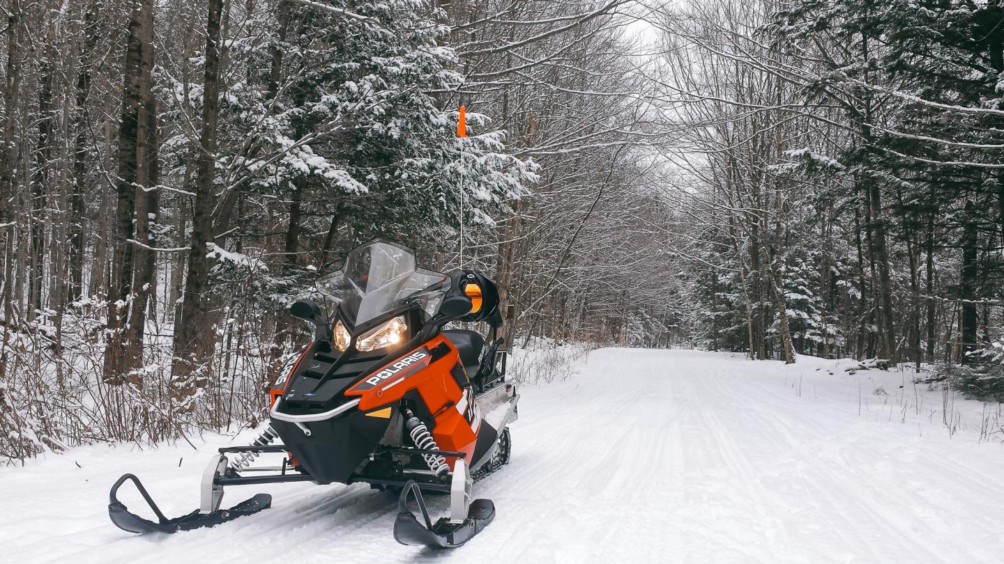 Snowmobile on a snowy forest path, surrounded by bare trees.