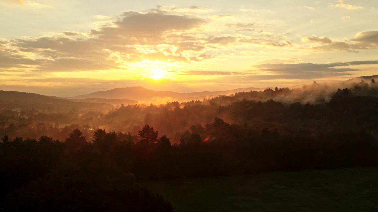 Sunrise over a misty forest landscape, with golden light and soft clouds.