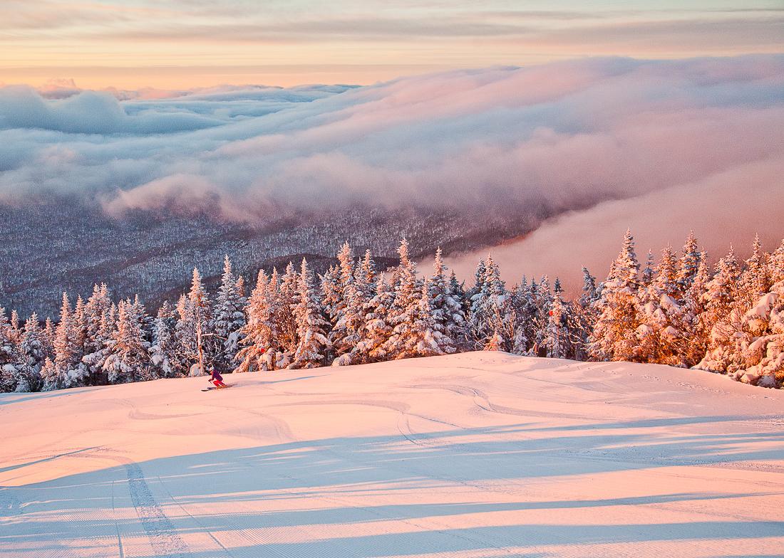 Snowy landscape with frosted trees and pink sunrise sky.