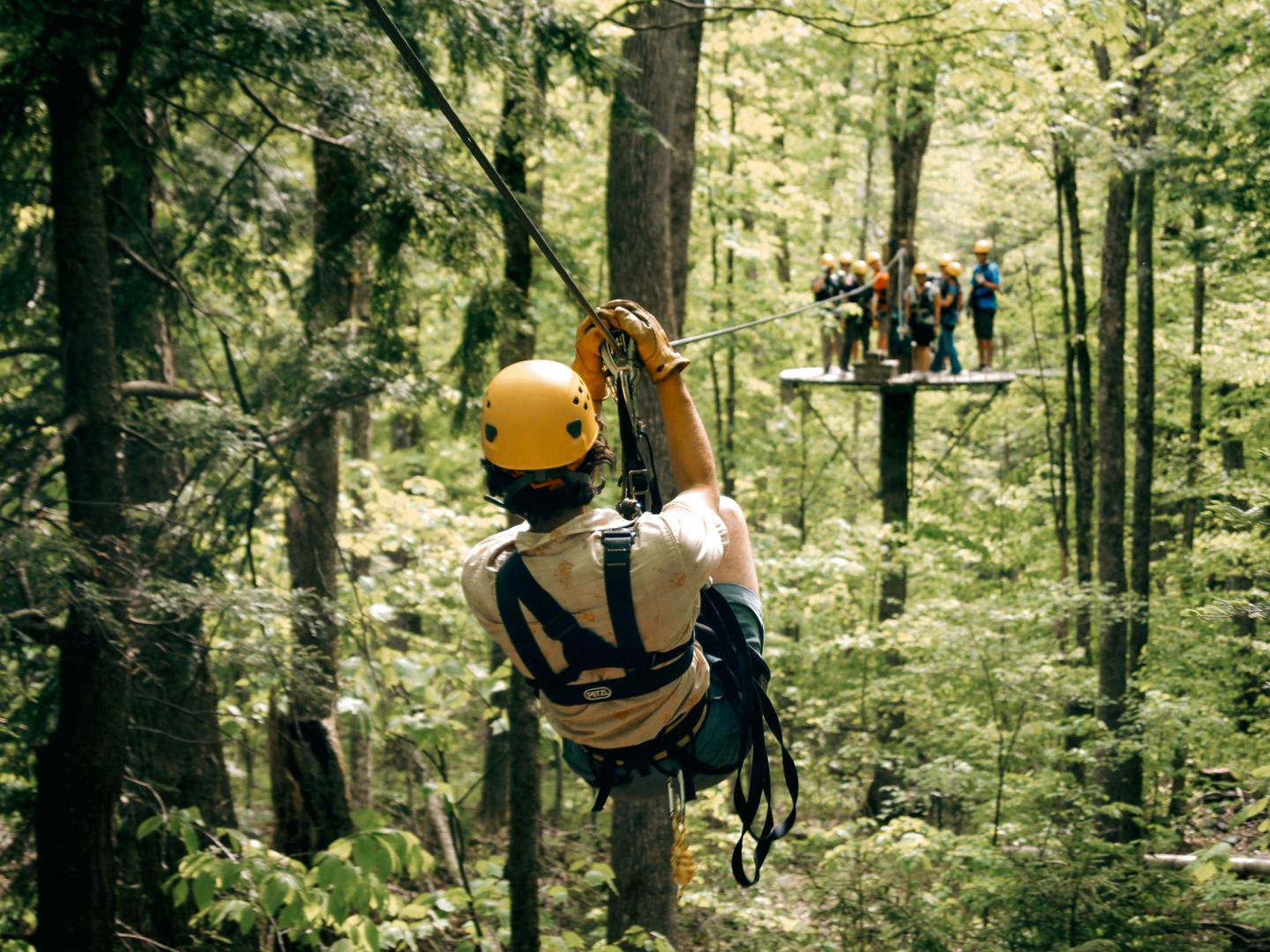 Person ziplining through a forest, group waiting on platform.