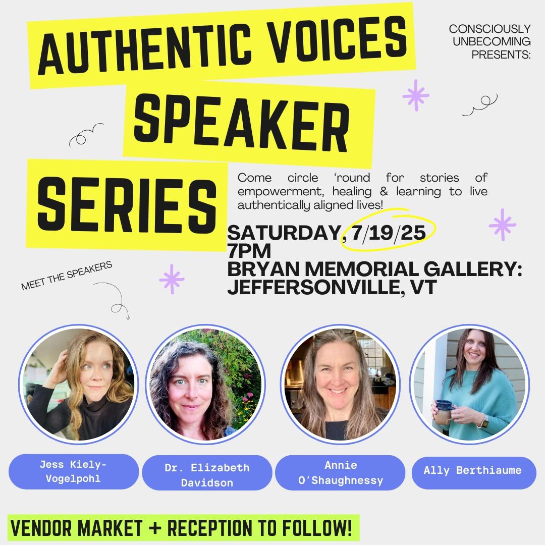 Authentic Voices Speaker Series event poster with speaker photos.