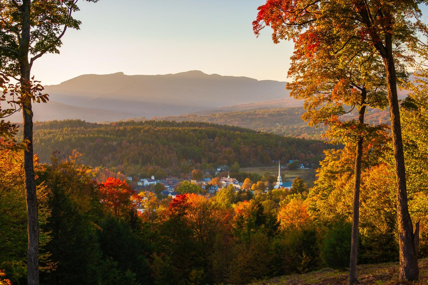 Autumnal landscape with colorful trees and distant village, mountains in the background.