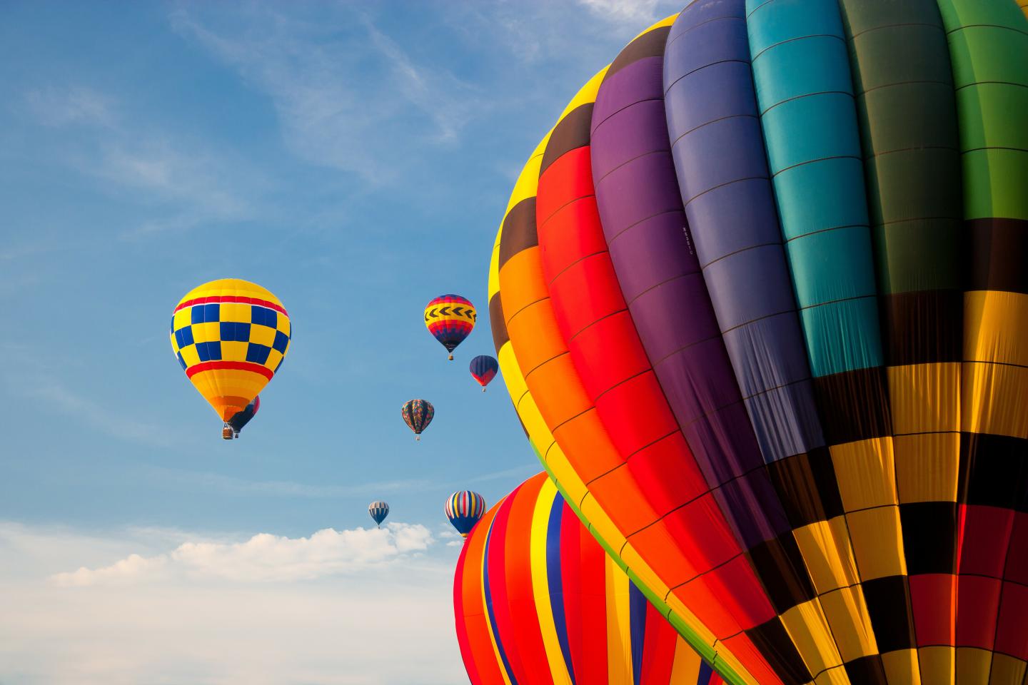 Colorful hot air balloons in a blue sky.