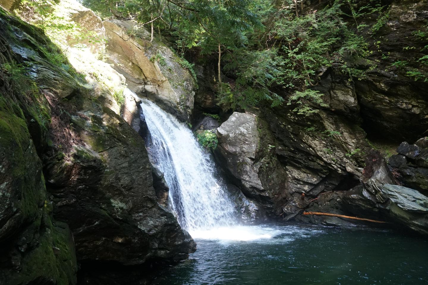 Waterfall cascading into a rocky pool surrounded by lush green foliage.