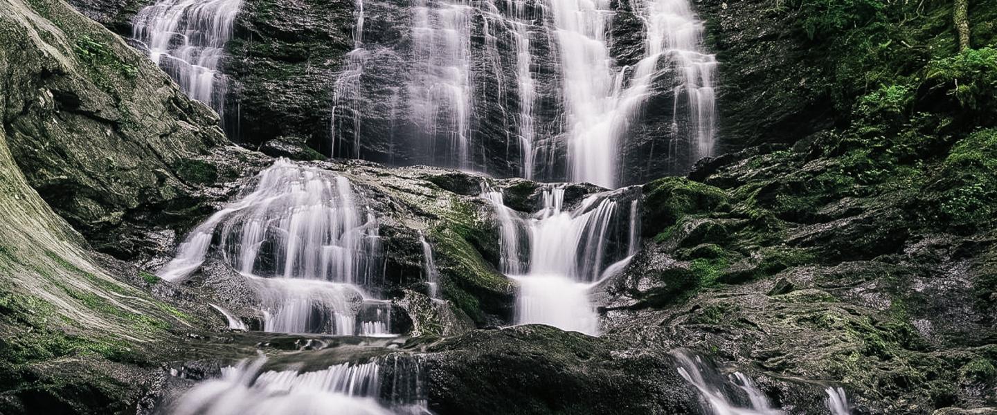 Waterfall cascading over mossy rocks in a lush forest.