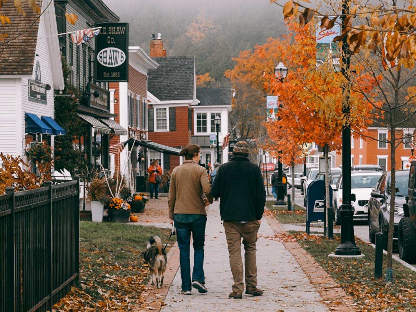 Two people walking on a quaint, autumn-colored street with a dog.