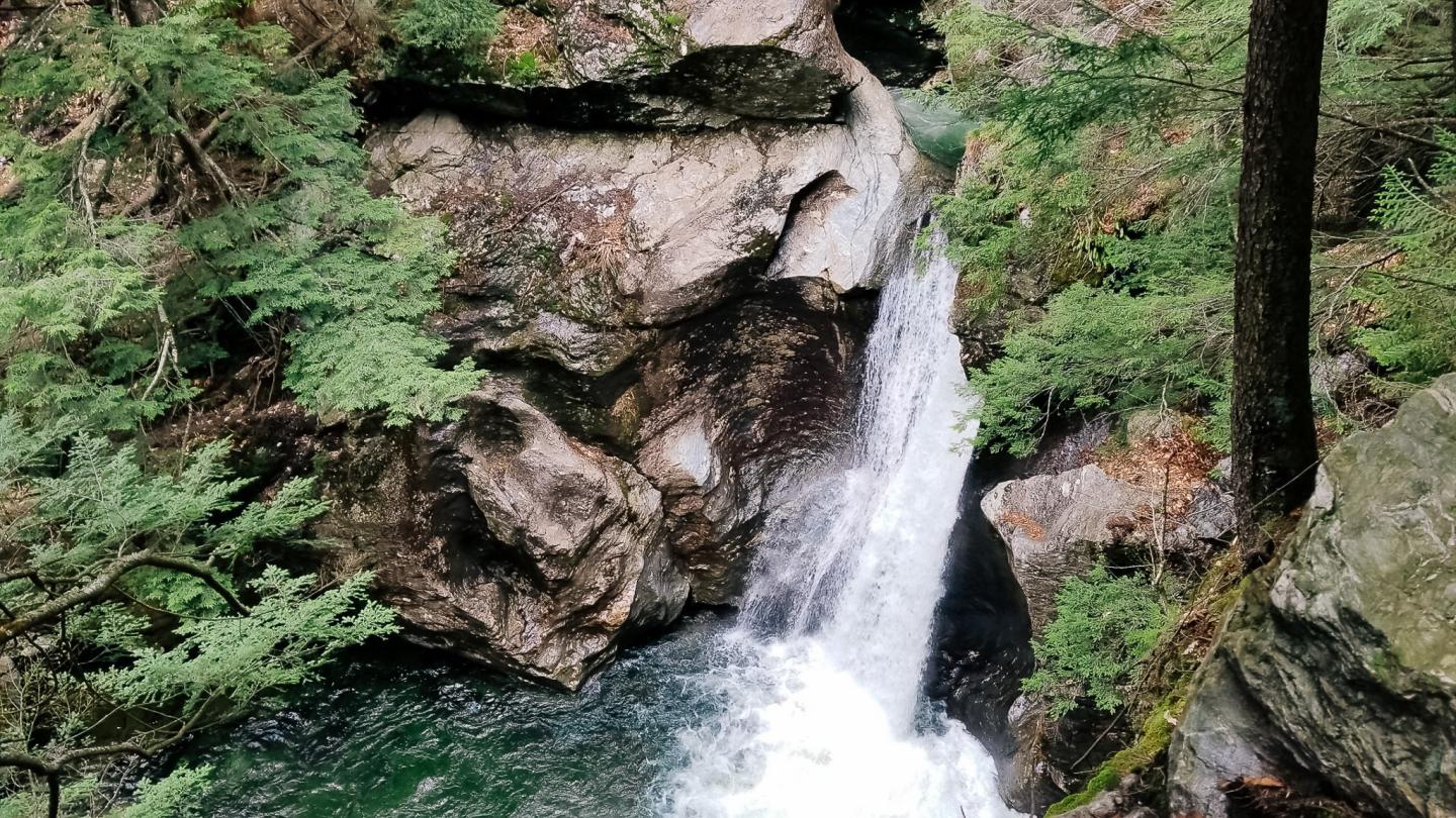 Waterfall cascading between rocks, surrounded by lush green trees.