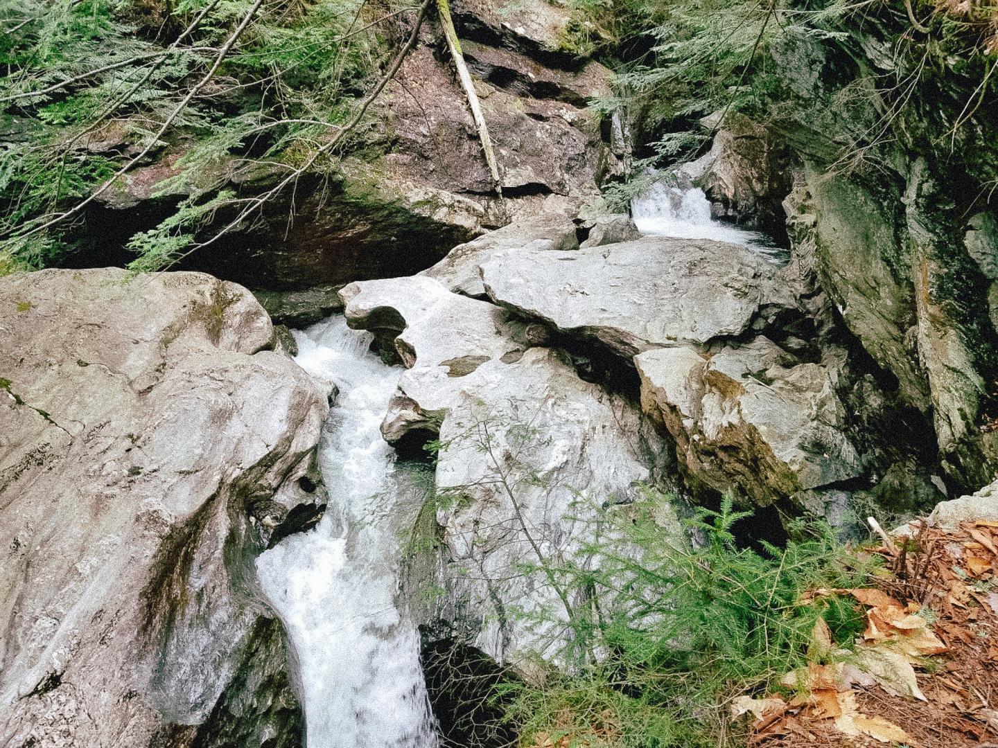 Small waterfall cascading over rocks in a forest setting.