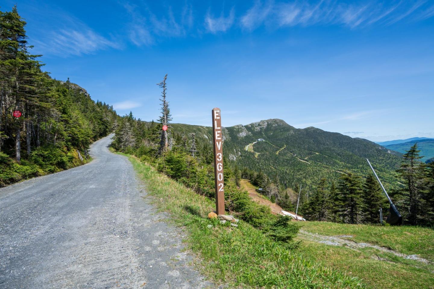 Scenic road up Mount Mansfield with dirt path, tree-lined slopes, and a clear blue sky.