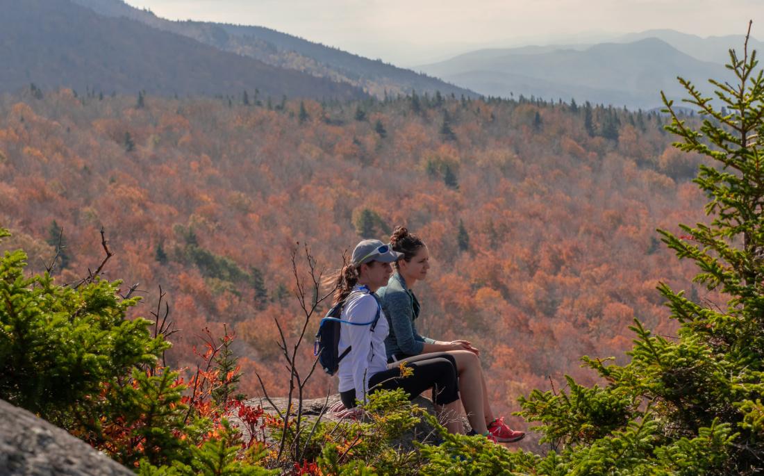 Two people sit on a rock overlooking a forest with autumn foliage.