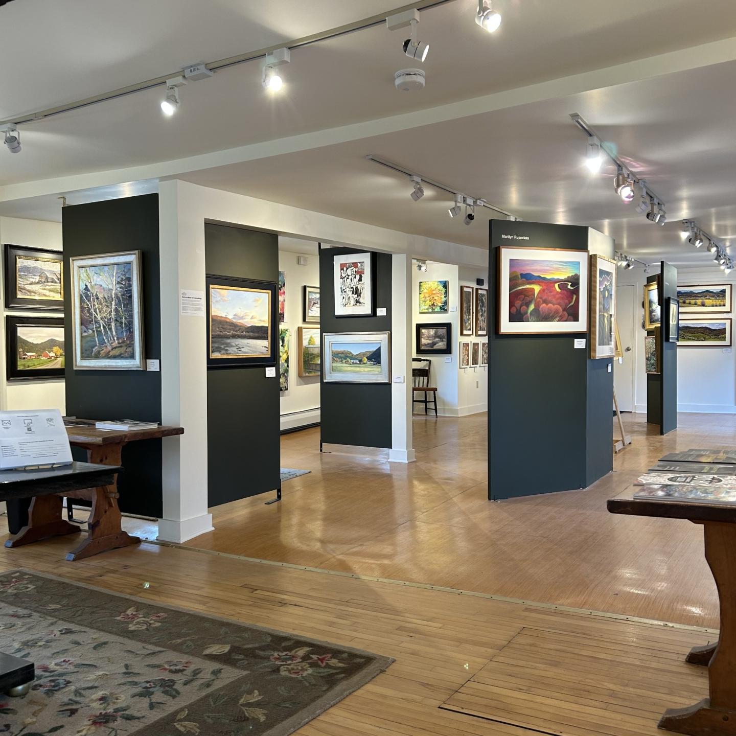 Art gallery with paintings on dark panels, wood flooring, and overhead lighting.