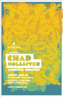 A concert poster with yellow flowers and teal background.
