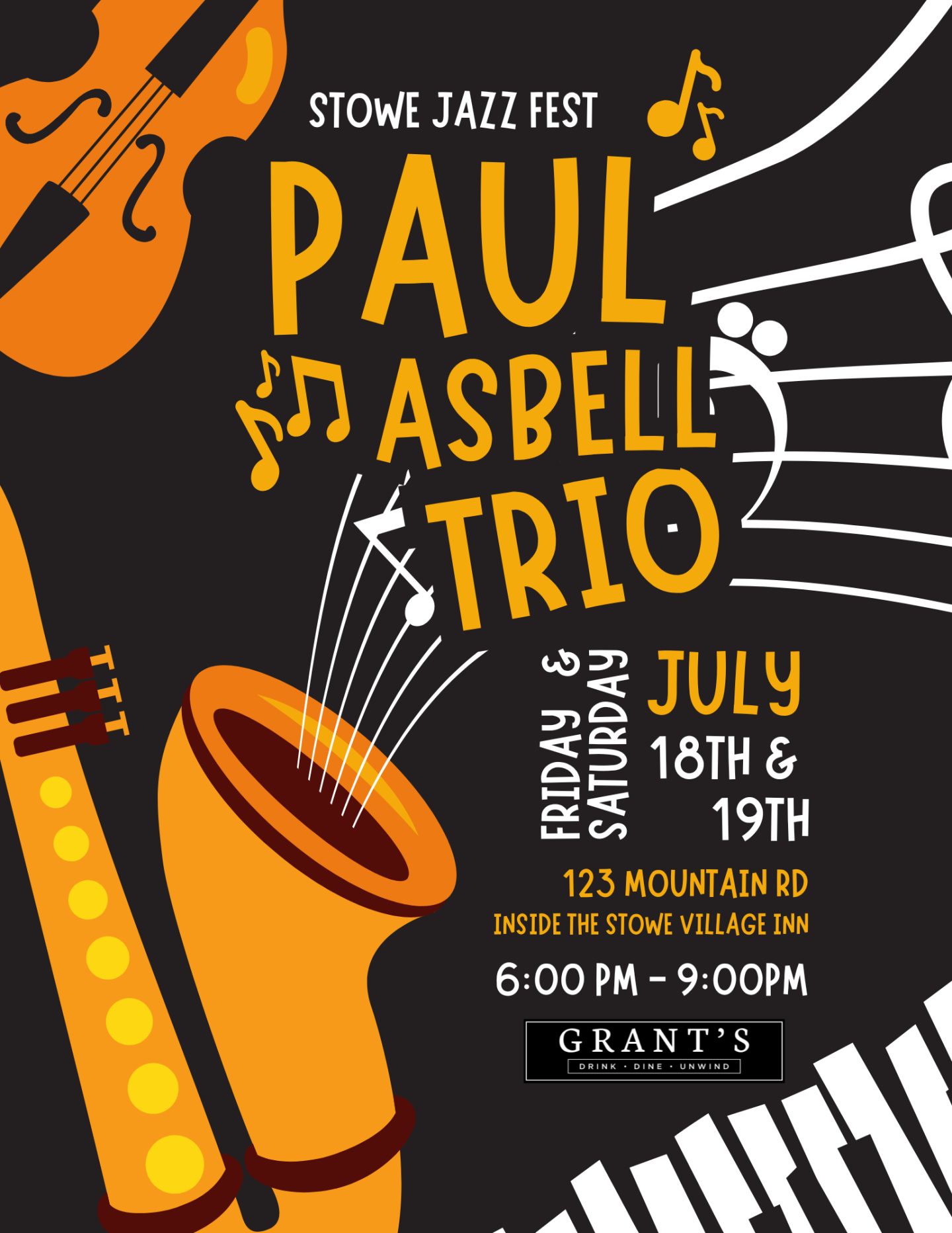 Jazz festival poster with saxophone and musical notes.