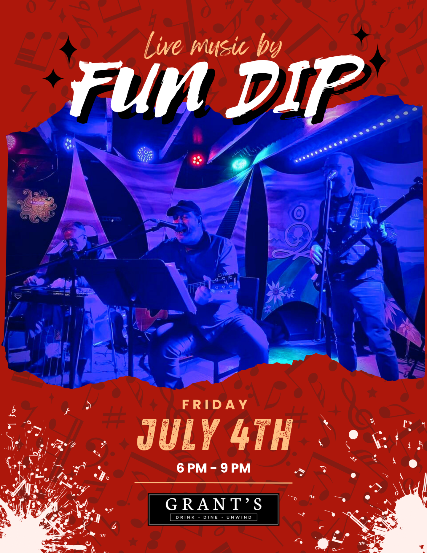 Band playing on stage with colorful lights and red border design.