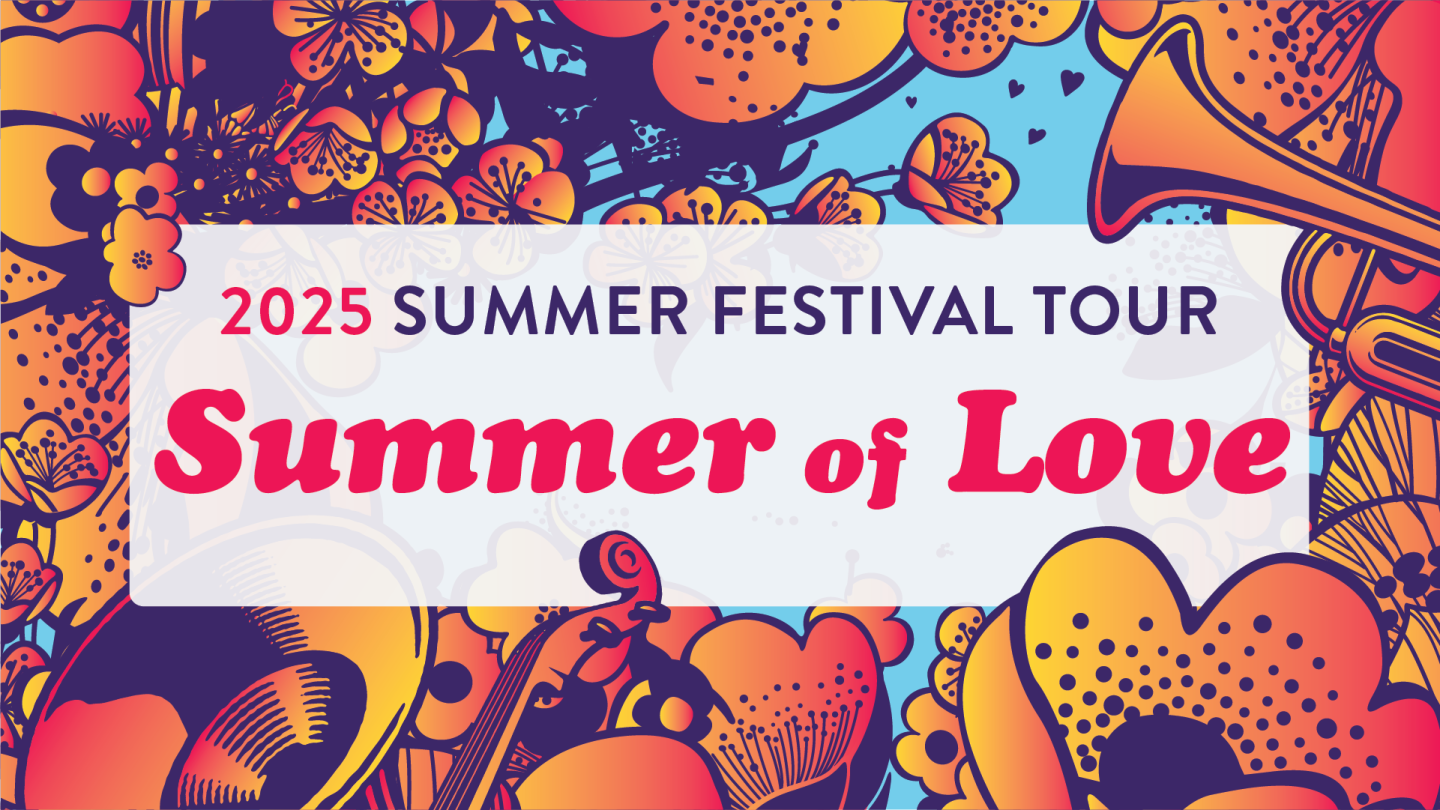 Colorful floral graphic with "Summer of Love" text.