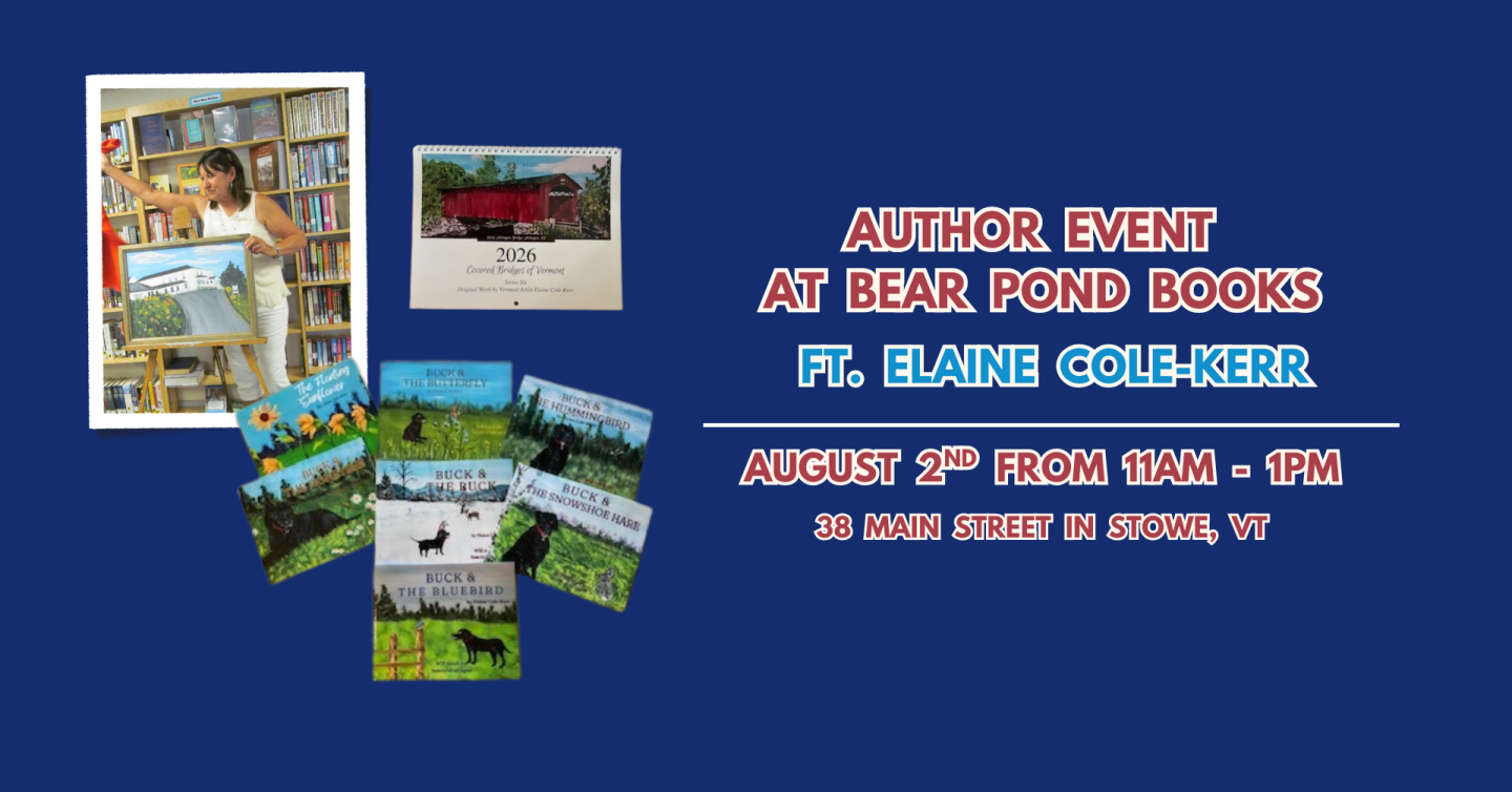 Author event poster with book covers on a blue background.