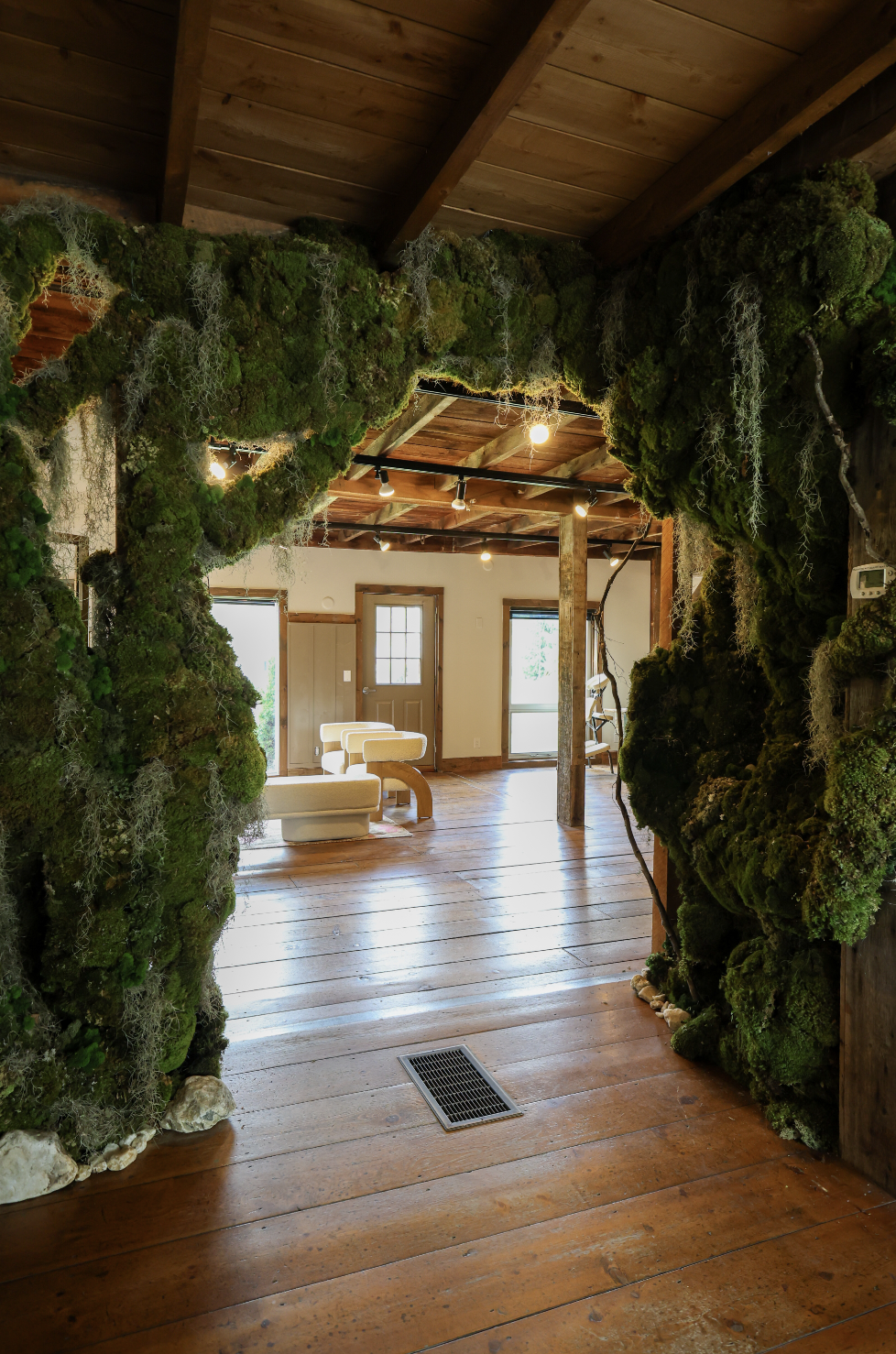 Wooden room entrance framed by moss-covered walls.