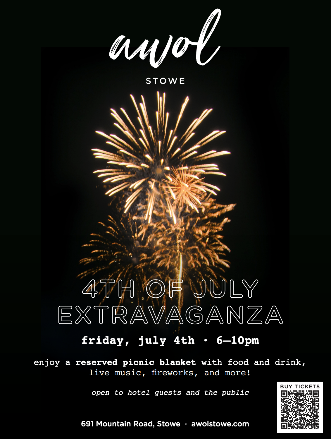 Fireworks burst against a dark sky, promoting a July 4th event.