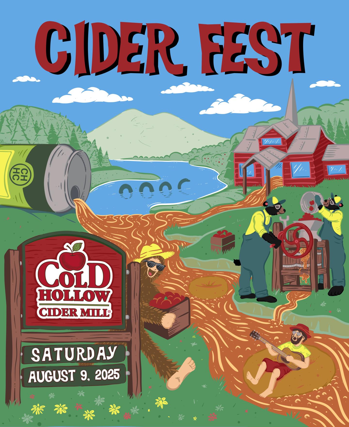 Cider Fest poster with cartoon workers and apple cider river.
