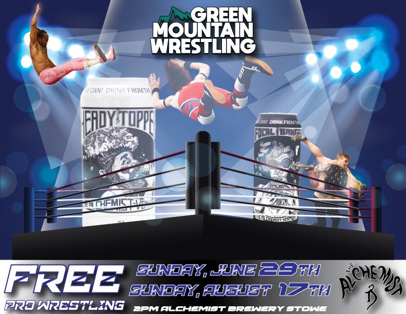 Wrestlers flying over a ring, cans as props, dramatic lighting.