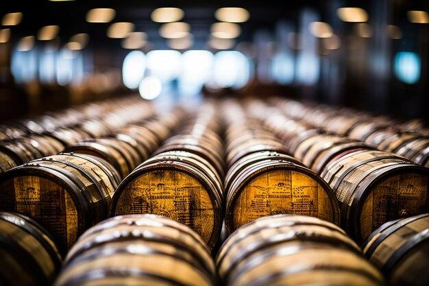 Barrels in a dimly lit warehouse, rows stretching into the distance.