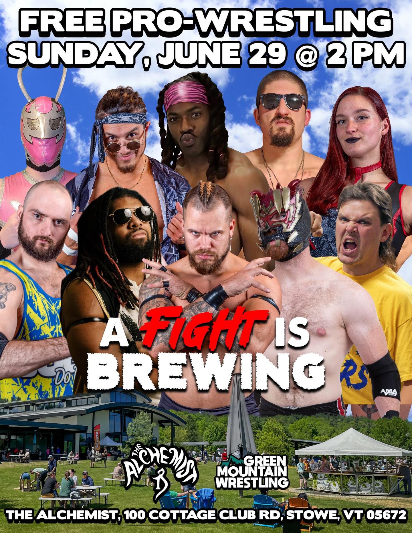 Wrestlers posing aggressively against a promotional backdrop.
