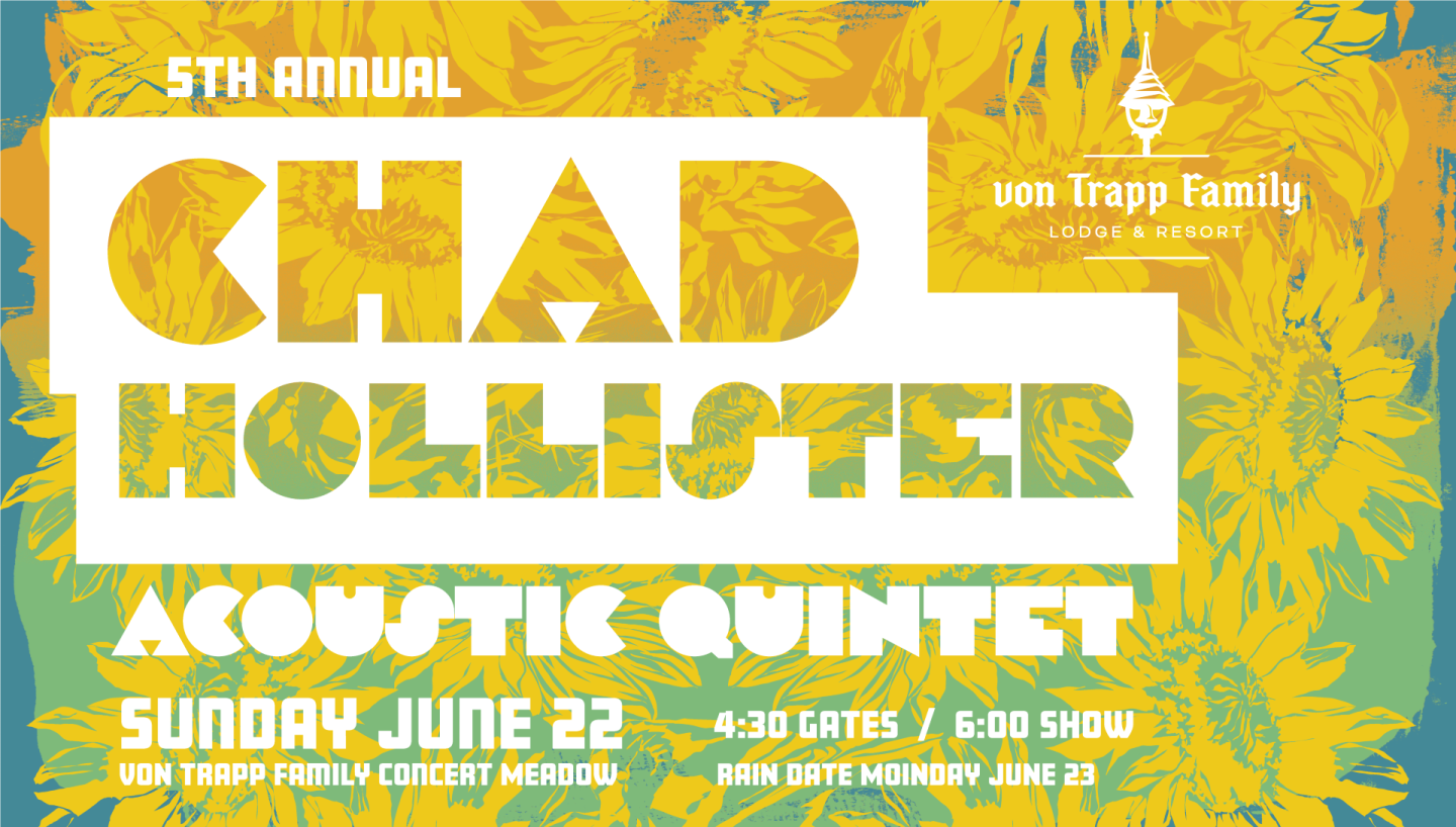 Concert poster with yellow and teal floral background and bold white text.