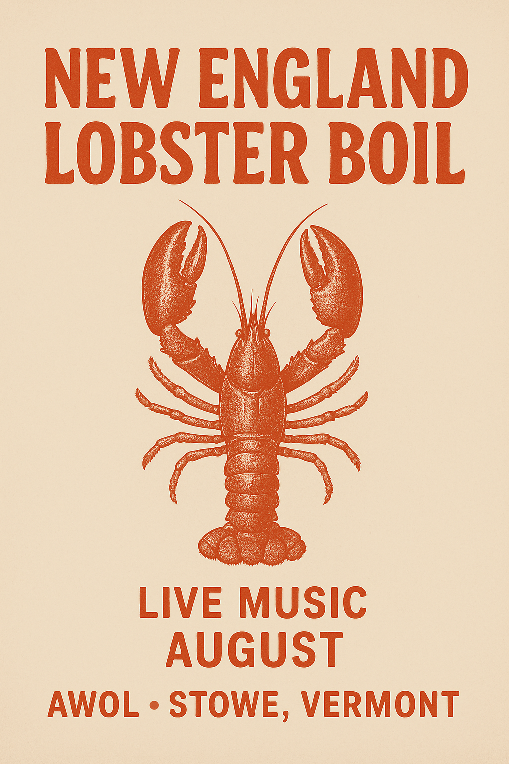 New England Lobster Boil poster with red lobster illustration.