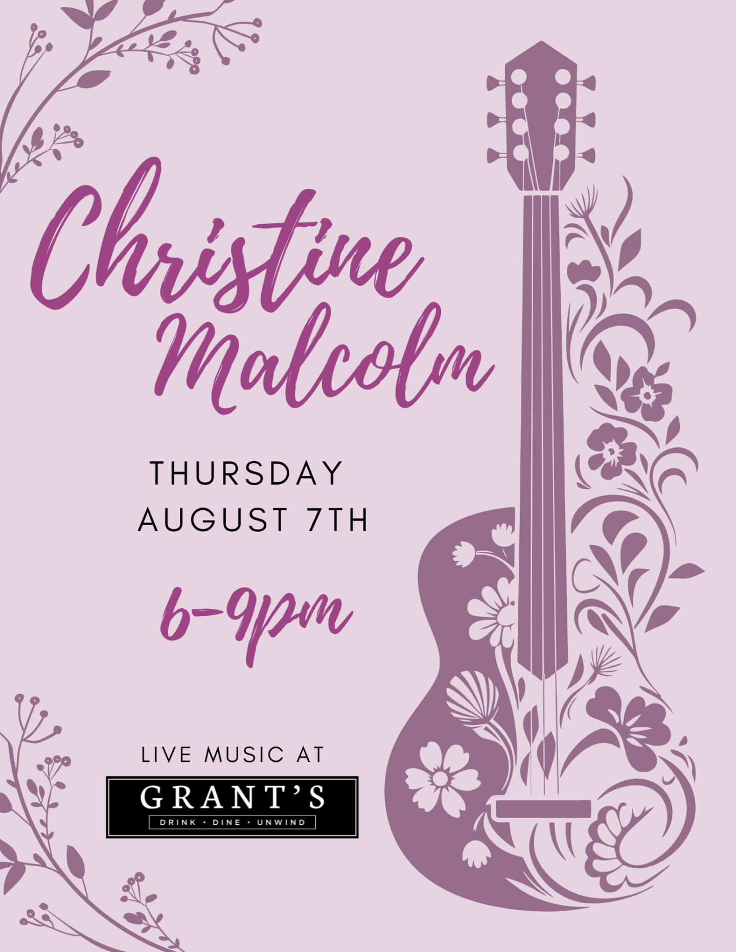 Decorative floral guitar with text promoting live music event.