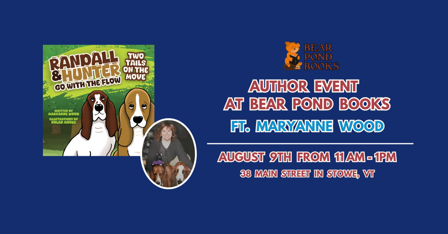 Comic-style book cover with two dogs and event details on a blue background.