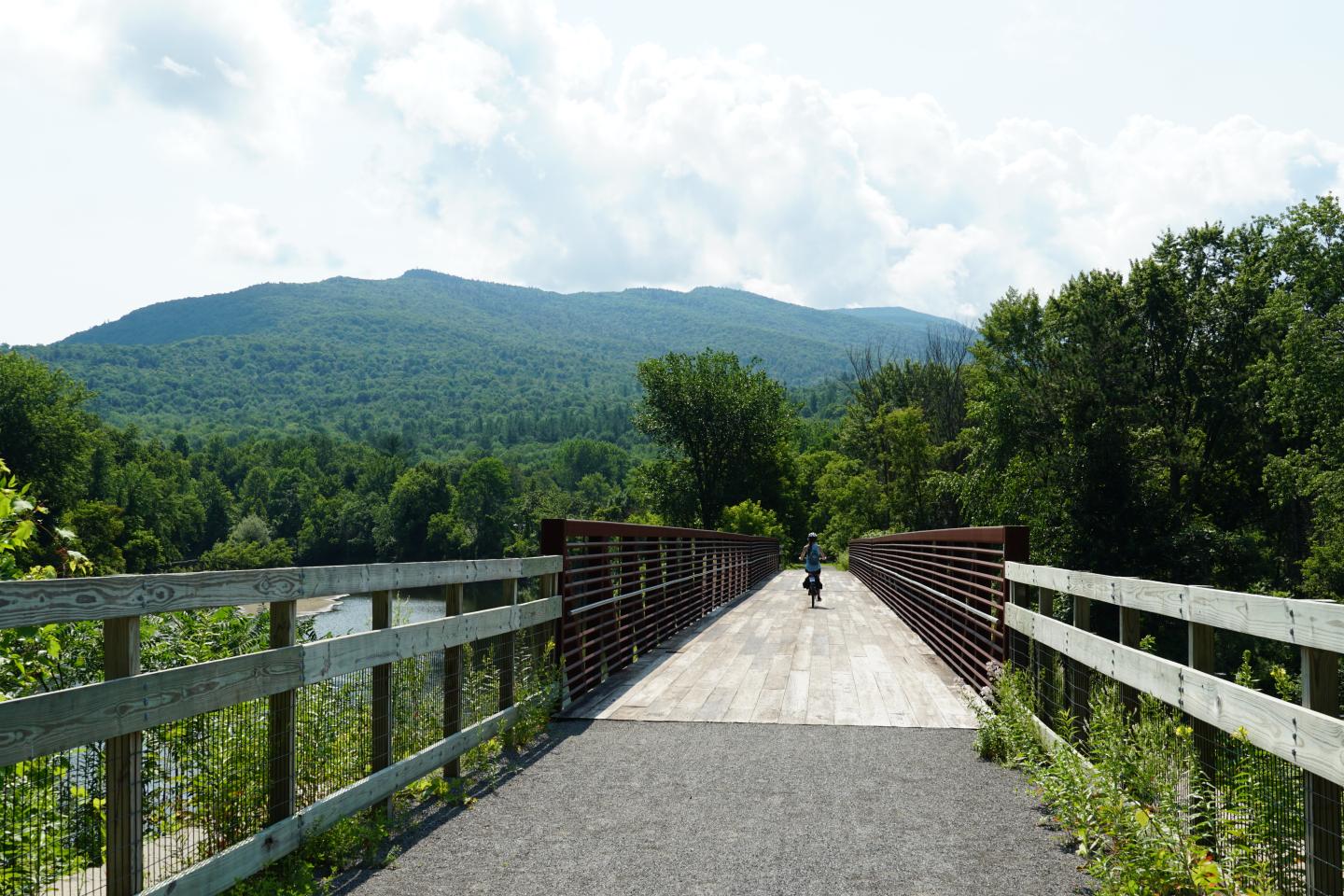 Pathway leading to mountains under a cloudy sky, surrounded by green trees.