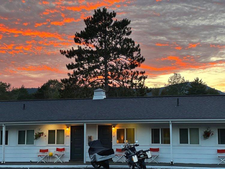 Stowe Motel exterior shot during an orange sunset