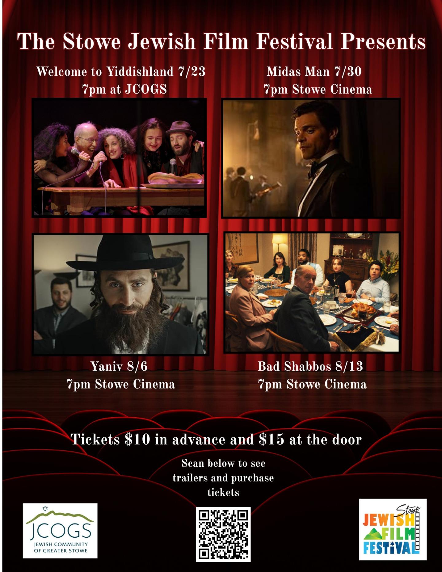 Film festival poster with four movie stills and event details. Red curtain background.