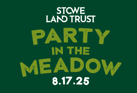 Stowe Land Trust logo with "Party in the Meadow" text.