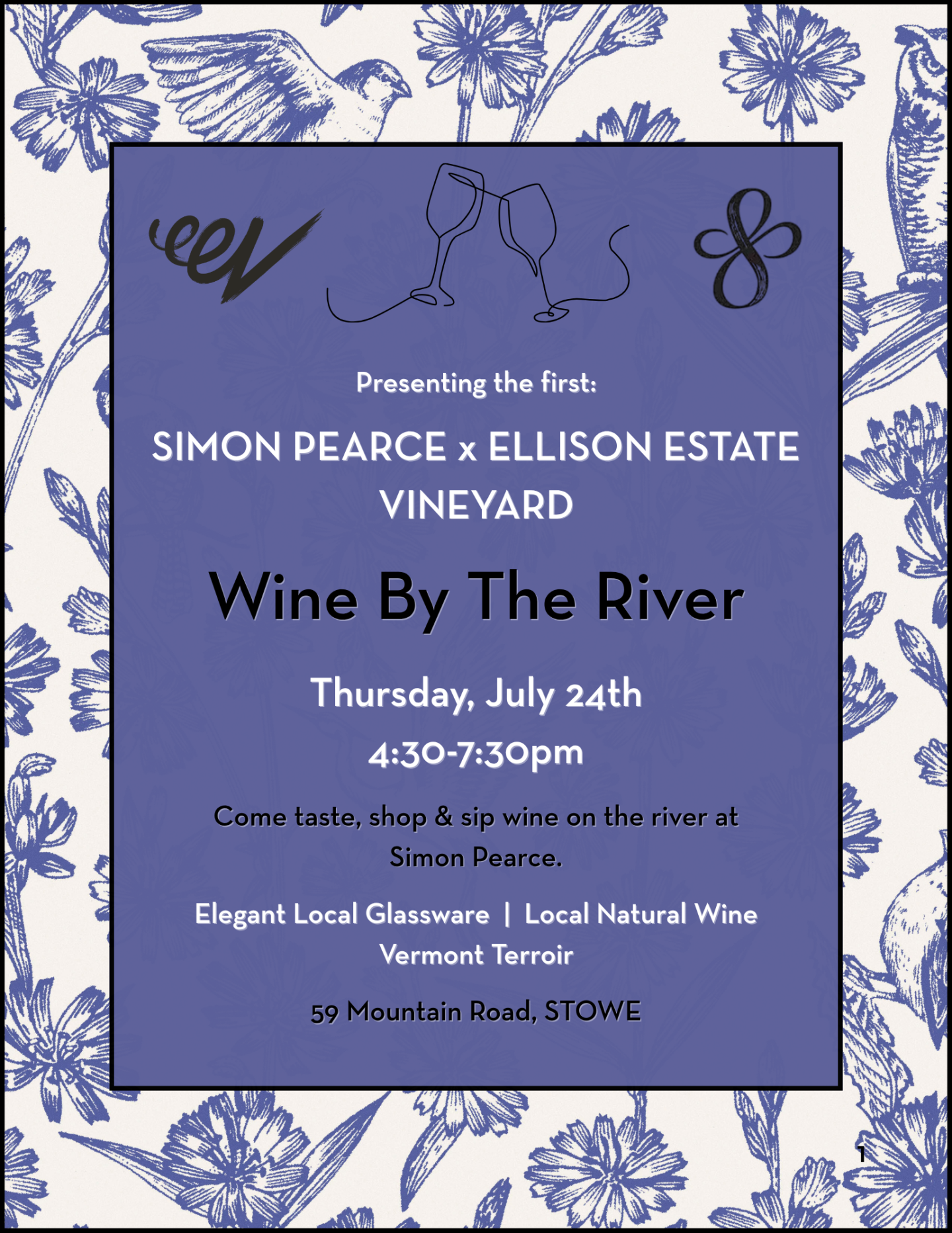 Blue floral invitation for a wine event by the river, with logos at the top.