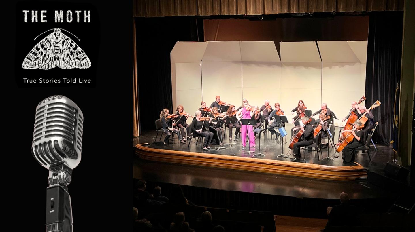 Orchestra performing on stage, one person in pink. Vintage microphone graphic on side.
