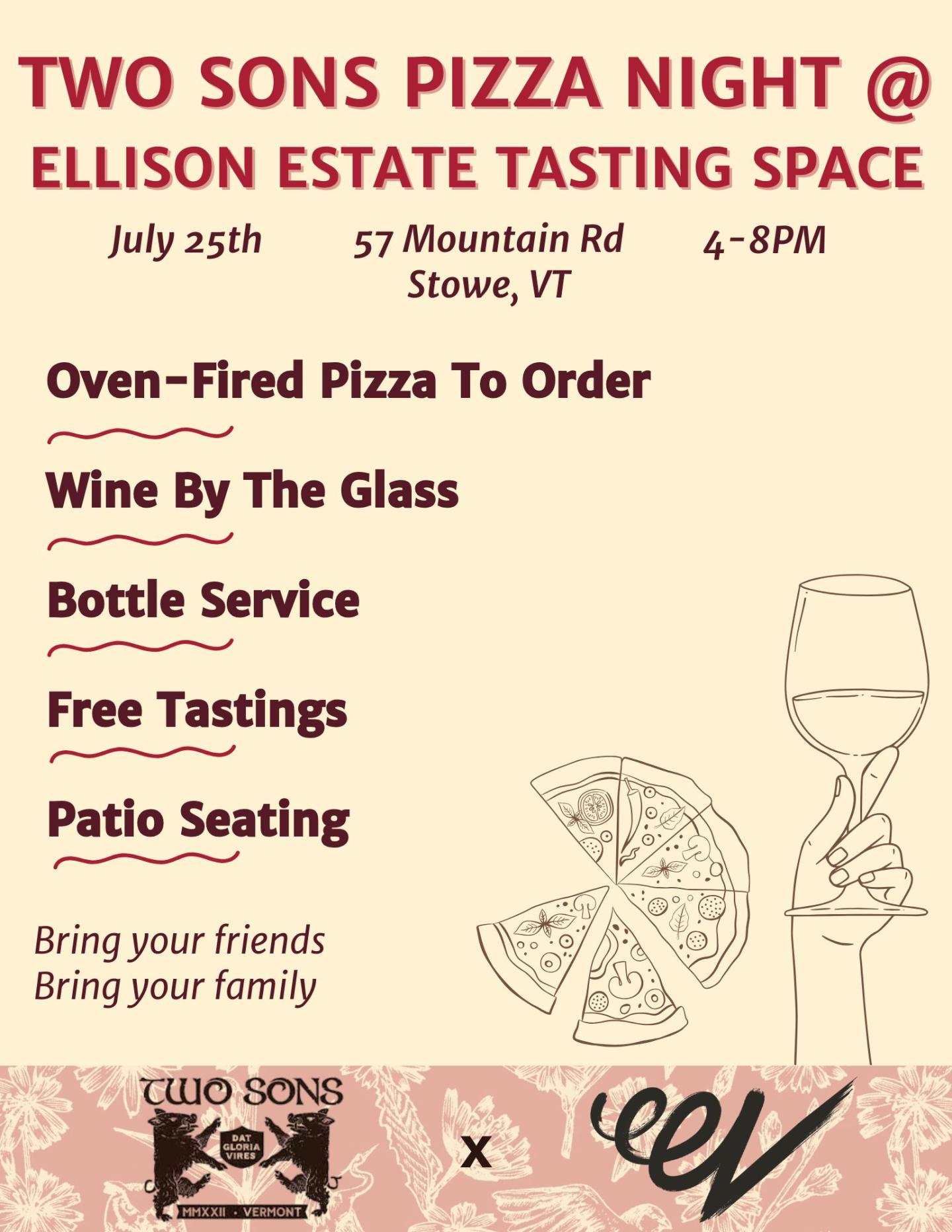 Pizza night event flyer with wine glass and pizza slice graphics