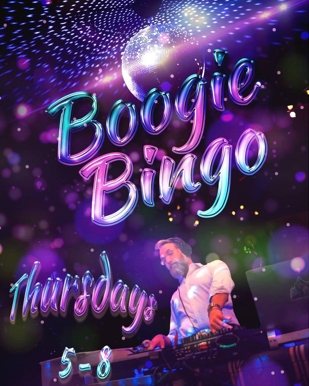 DJ playing at a disco-themed event with colorful lights and neon text.