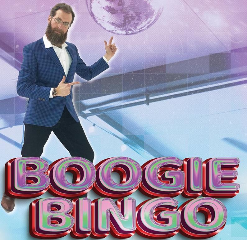Man in blue suit dancing under disco ball with "Boogie Bingo" text.