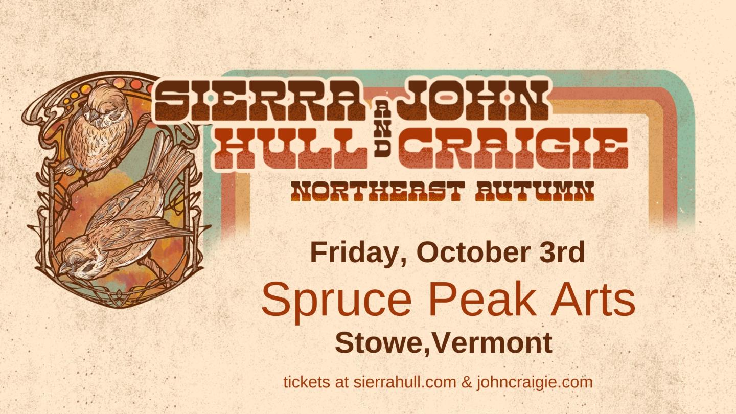 Concert poster with owl illustration and date, October 3rd, Spruce Peak Arts, Vermont.