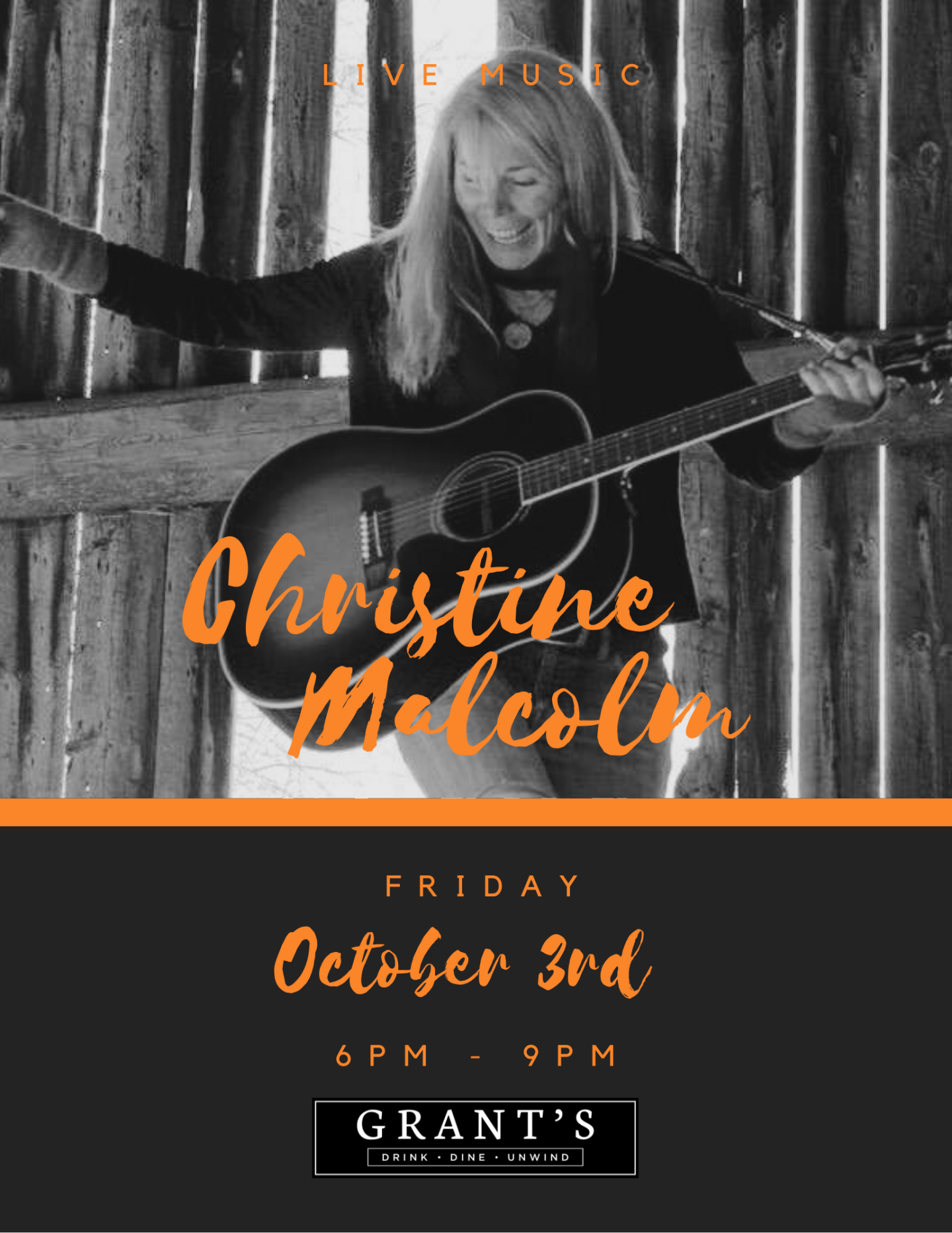Black and white photo of a woman playing guitar, colorful text overlay.