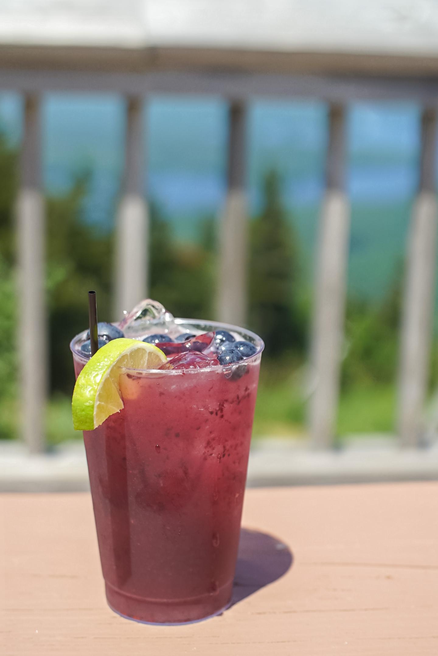 Purple drink with ice, lime wedge, and blueberries on a terrace with ocean view.